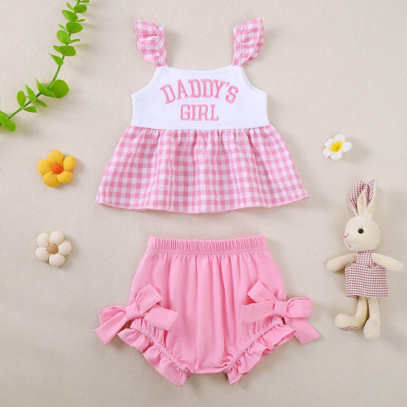 Zanarzt Baby Girl Clothes Newborn Spring Toddler Baby Girl Summer Clothes Daddys Girl Plaid T Shirt Top Shorts Set Outfit Pink,12-18 Months