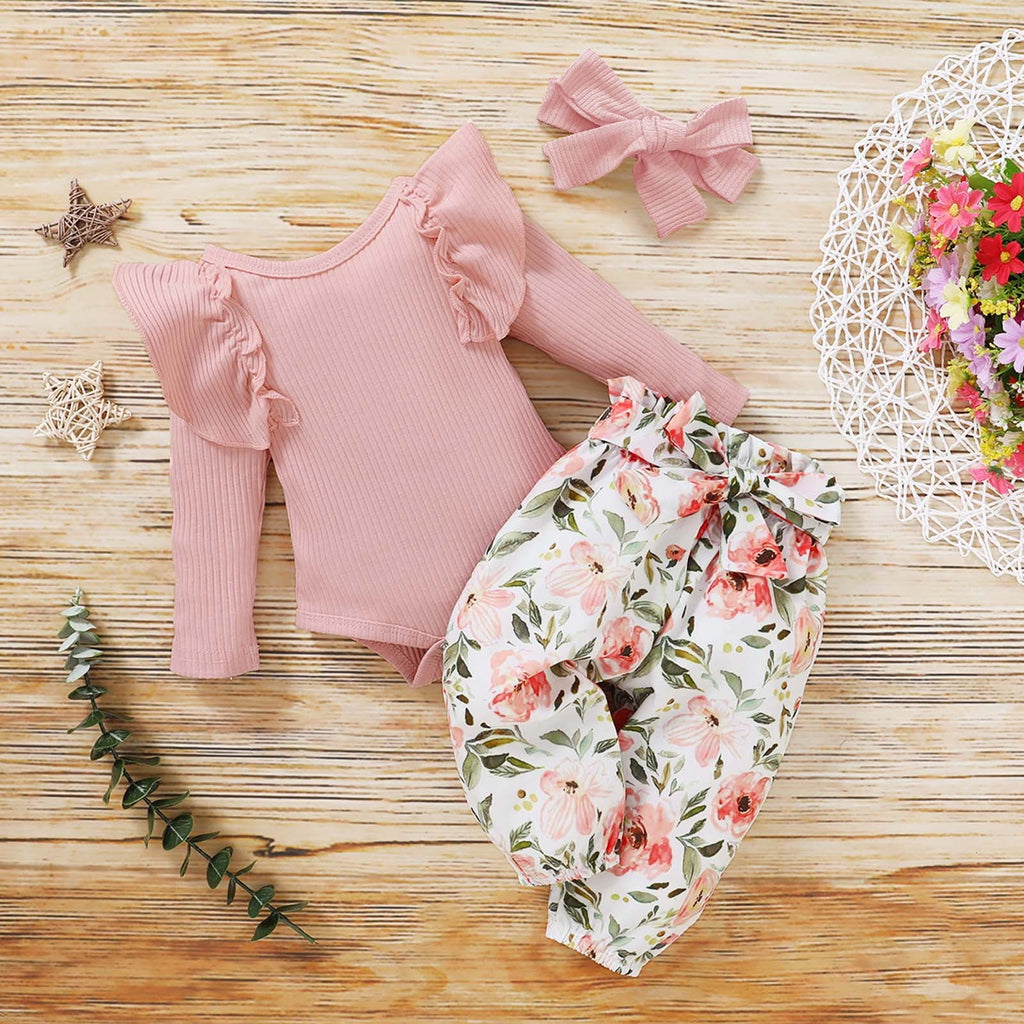 Odeerbi Baby Girls Clothes Infant Ruffle Long Sleeve Floral Print Bodysuit 3PCS Baby Layette Set