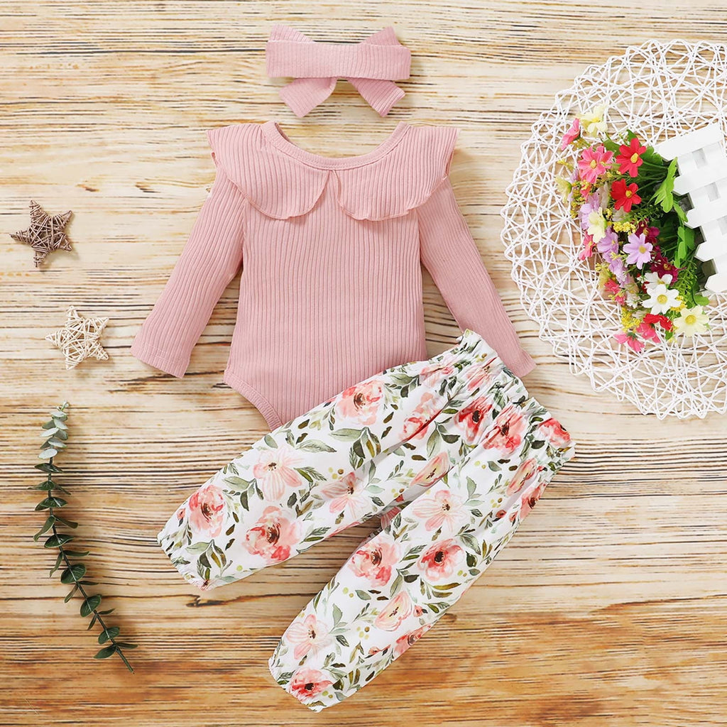 Odeerbi Baby Girls Clothes Infant Ruffle Long Sleeve Floral Print Bodysuit 3PCS Baby Layette Set