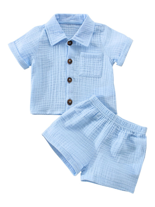 Baby Boys Clothes Set 6M 12M 18M 24M 3Y Infant Boys Button-Down Shirt Tops + Cotton Gauze Shorts Summer Outfit 2PCS with Pockets