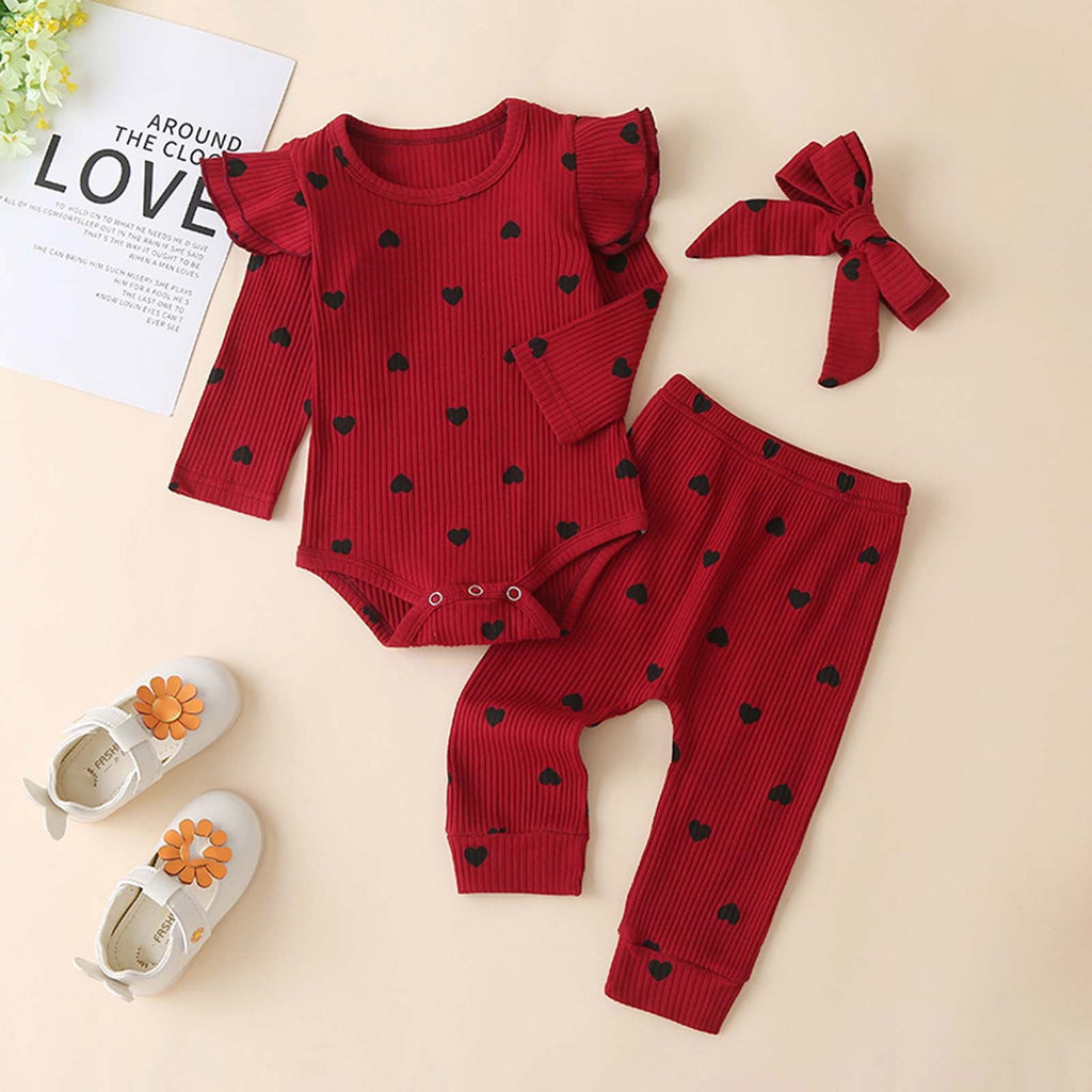 BLVB Newborn Baby Girl Clothes Ruffle Long Sleeve Romper Tops Pants Headband Infant Cute Heart Print Fall Outfits