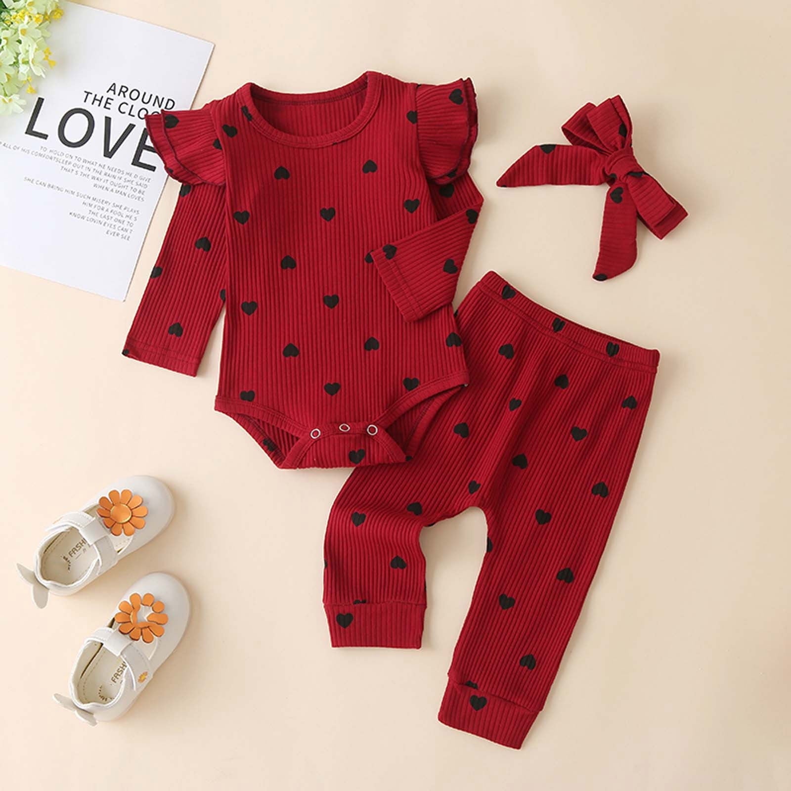 BLVB Newborn Baby Girl Clothes Ruffle Long Sleeve Romper Tops Pants Headband Infant Cute Heart Print Fall Outfits