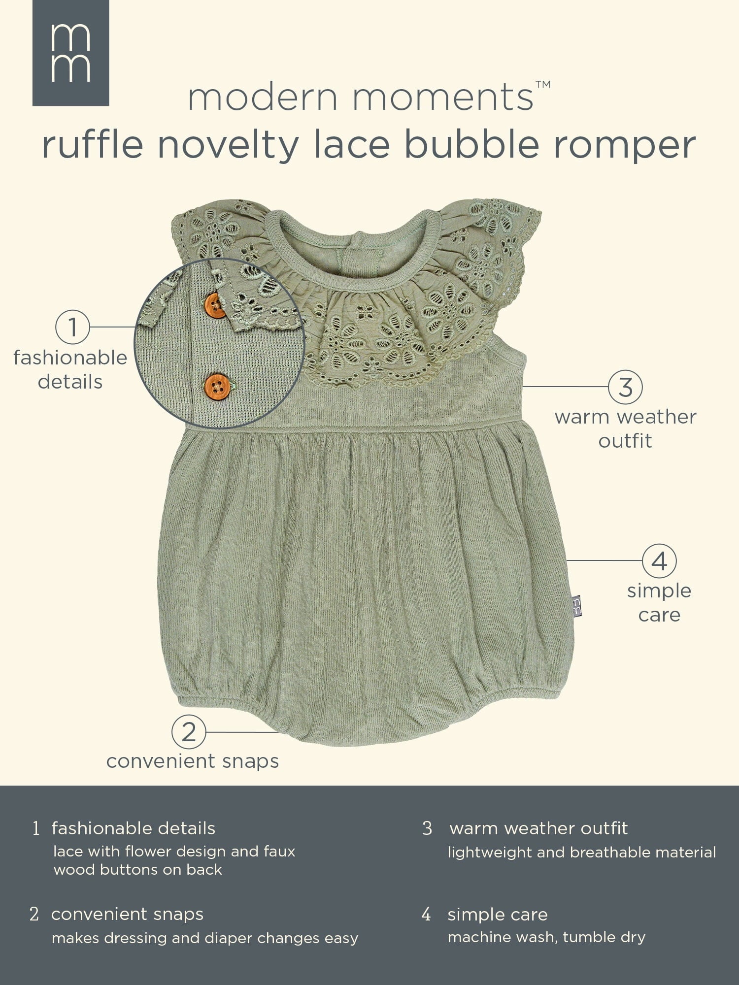 Modern Moments by Gerber Baby Girl Cotton Ruffle Novelty Lace Bubble Romper, Sizes 0/3 Months - 24 Months