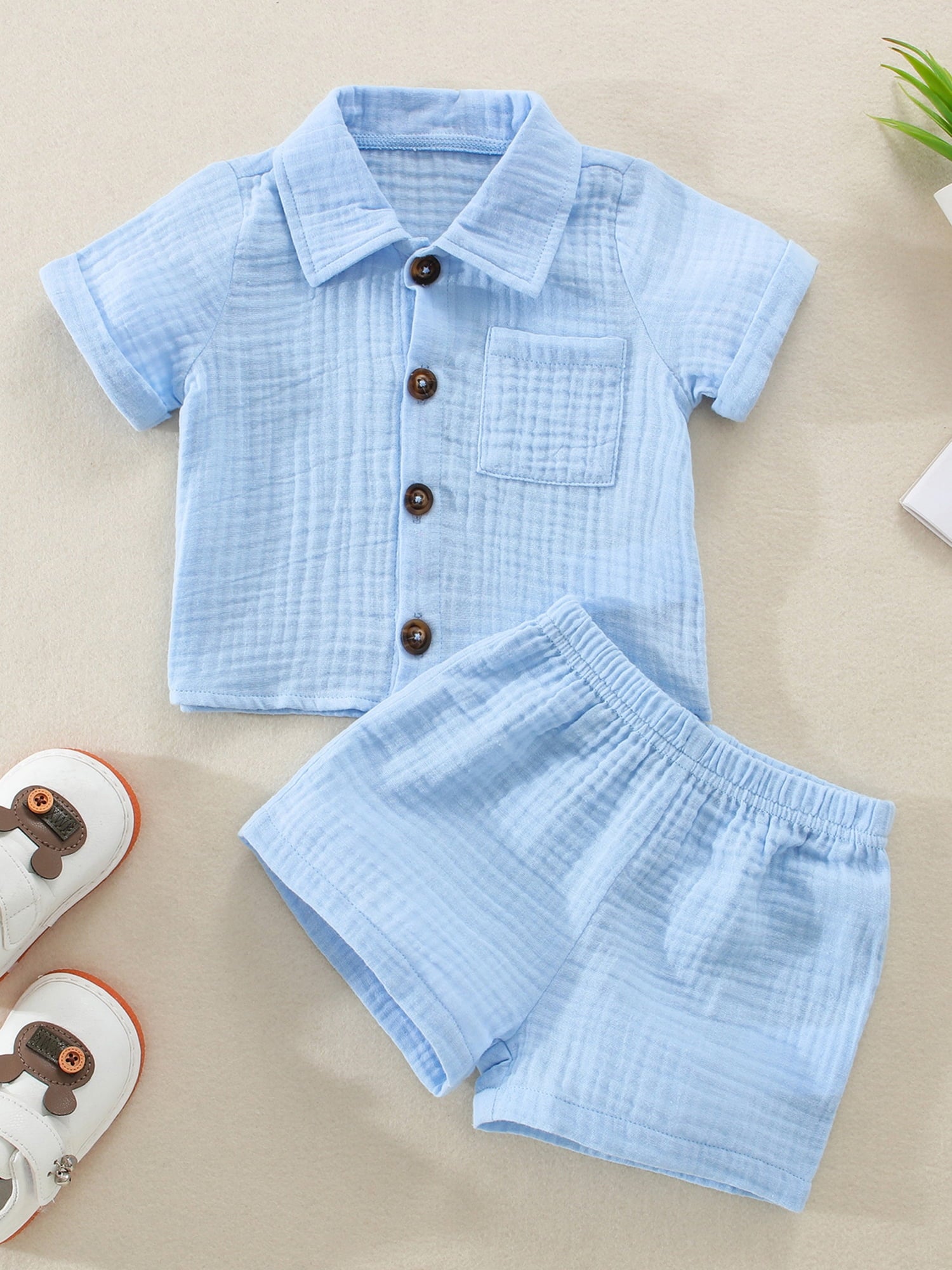 Baby Boys Clothes Set 6M 12M 18M 24M 3Y Infant Boys Button-Down Shirt Tops + Cotton Gauze Shorts Summer Outfit 2PCS with Pockets