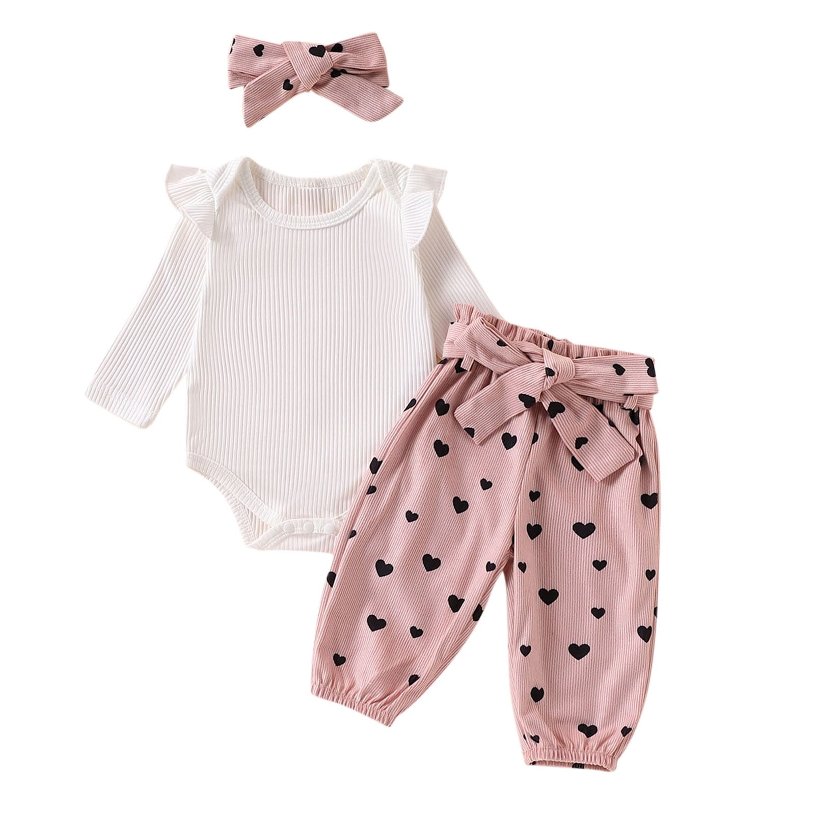 BLVB Newborn Baby Girl Clothes Ruffle Long Sleeve Romper Tops Pants Headband Infant Cute Heart Print Fall Outfits