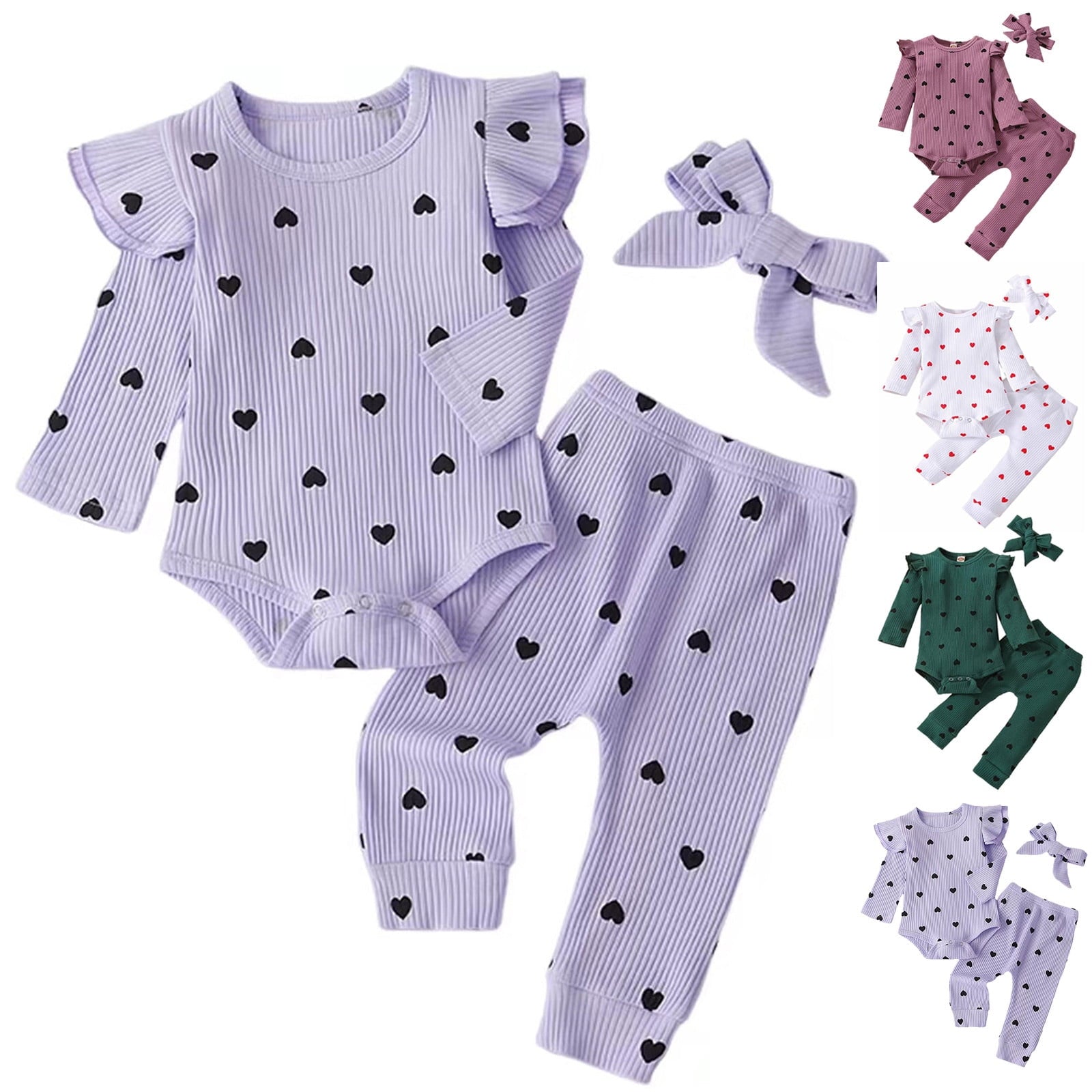 BLVB Newborn Baby Girl Clothes Ruffle Long Sleeve Romper Tops Pants Headband Infant Cute Heart Print Fall Outfits