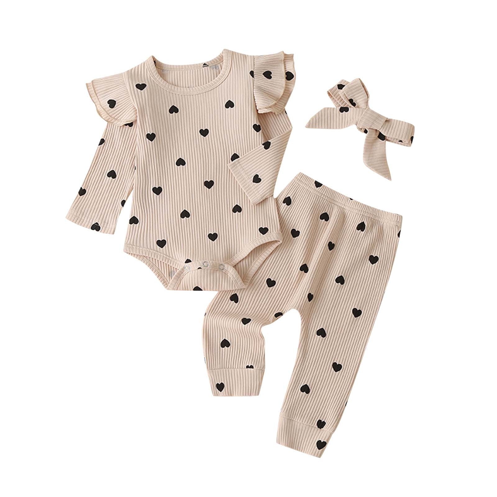 BLVB Newborn Baby Girl Clothes Ruffle Long Sleeve Romper Tops Pants Headband Infant Cute Heart Print Fall Outfits