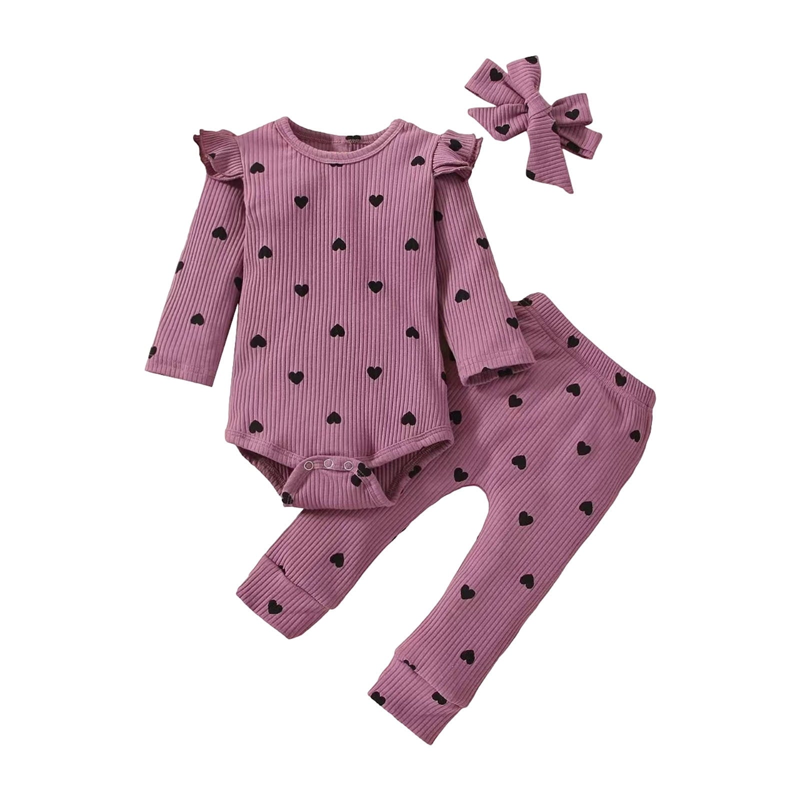 BLVB Newborn Baby Girl Clothes Ruffle Long Sleeve Romper Tops Pants Headband Infant Cute Heart Print Fall Outfits