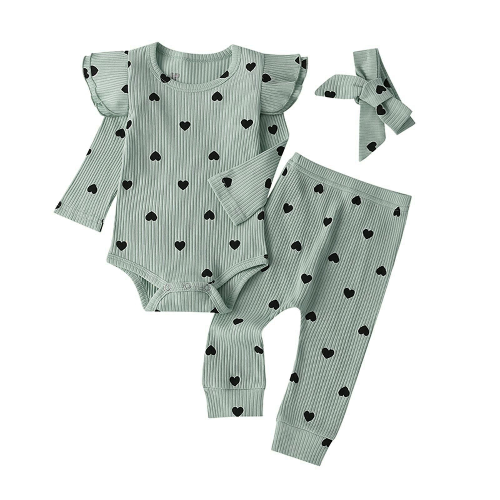 BLVB Newborn Baby Girl Clothes Ruffle Long Sleeve Romper Tops Pants Headband Infant Cute Heart Print Fall Outfits