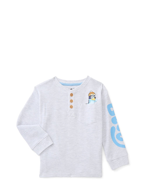 Bluey Toddler Boys Holiday Thermal Henley Shirt with Long Sleeves, Sizes 12M-5T