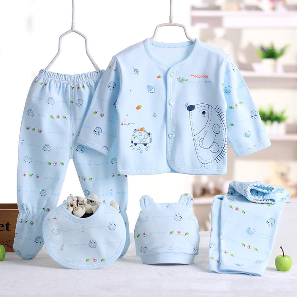 Fdrone 5PCS Baby Clothes Newborn Boys Girls Baby Layette Sets Soft Cotton Clothes Long Sleeve Tops Hat Pants Bib Suit Outfit Dolls Gift Set