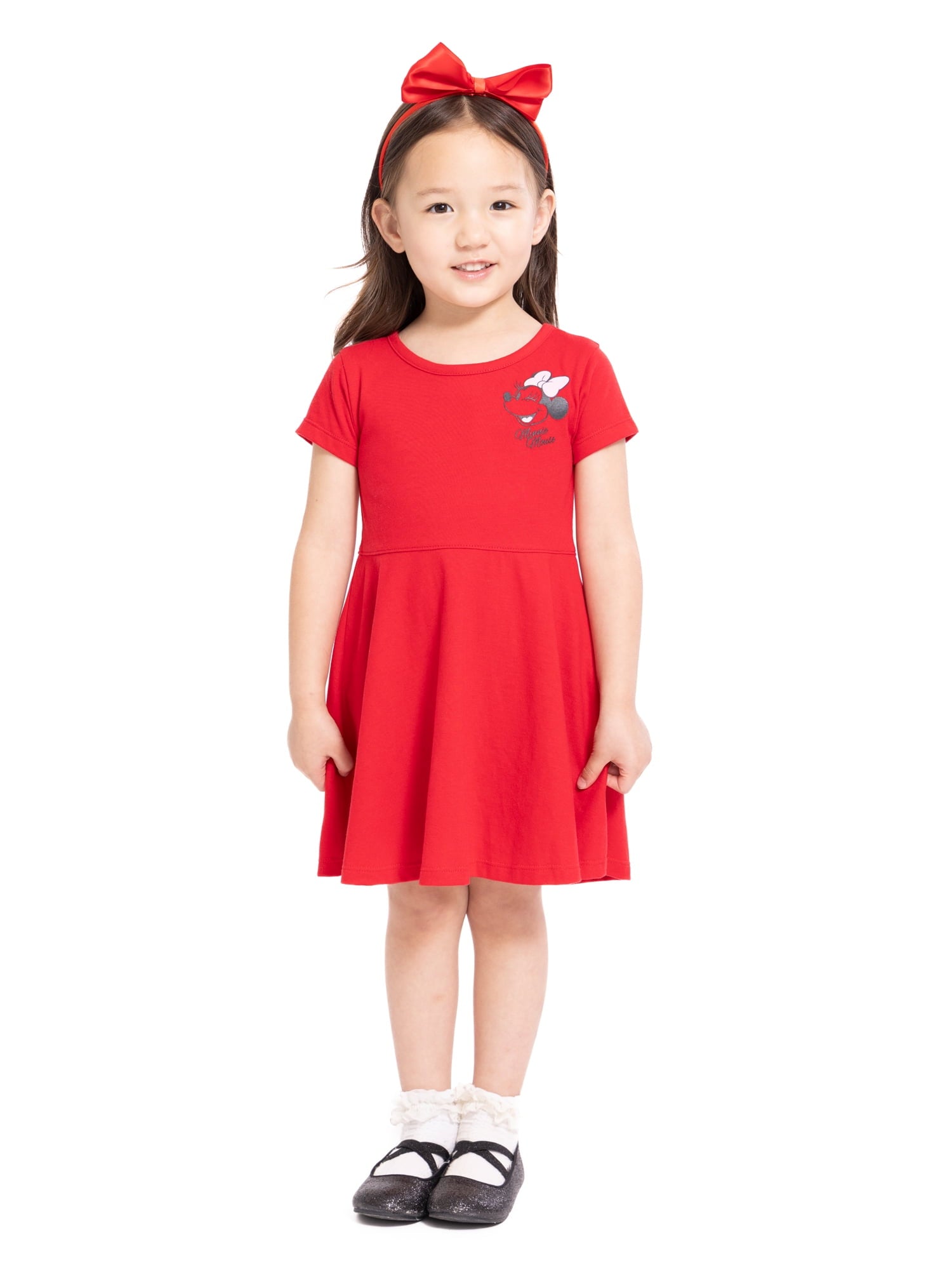 Minnie Mouse Toddler Girls Graphic Print Skater Dress with Short Sleeves, Sizes 12M-5T