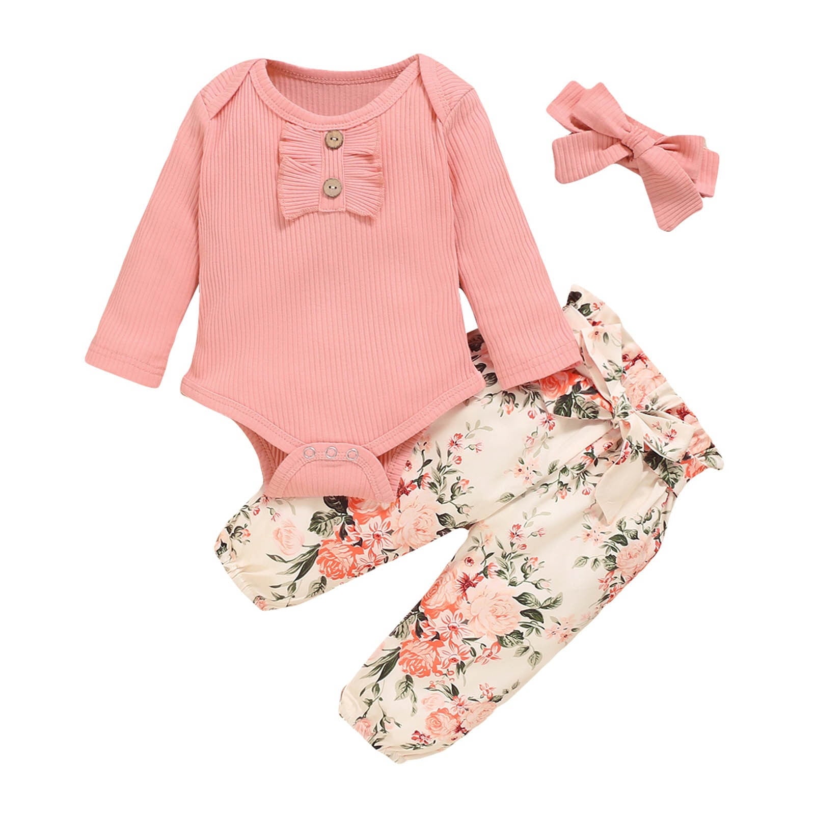 Odeerbi Baby Girls Clothes Infant Ruffle Long Sleeve Floral Print Bodysuit 3PCS Baby Layette Set