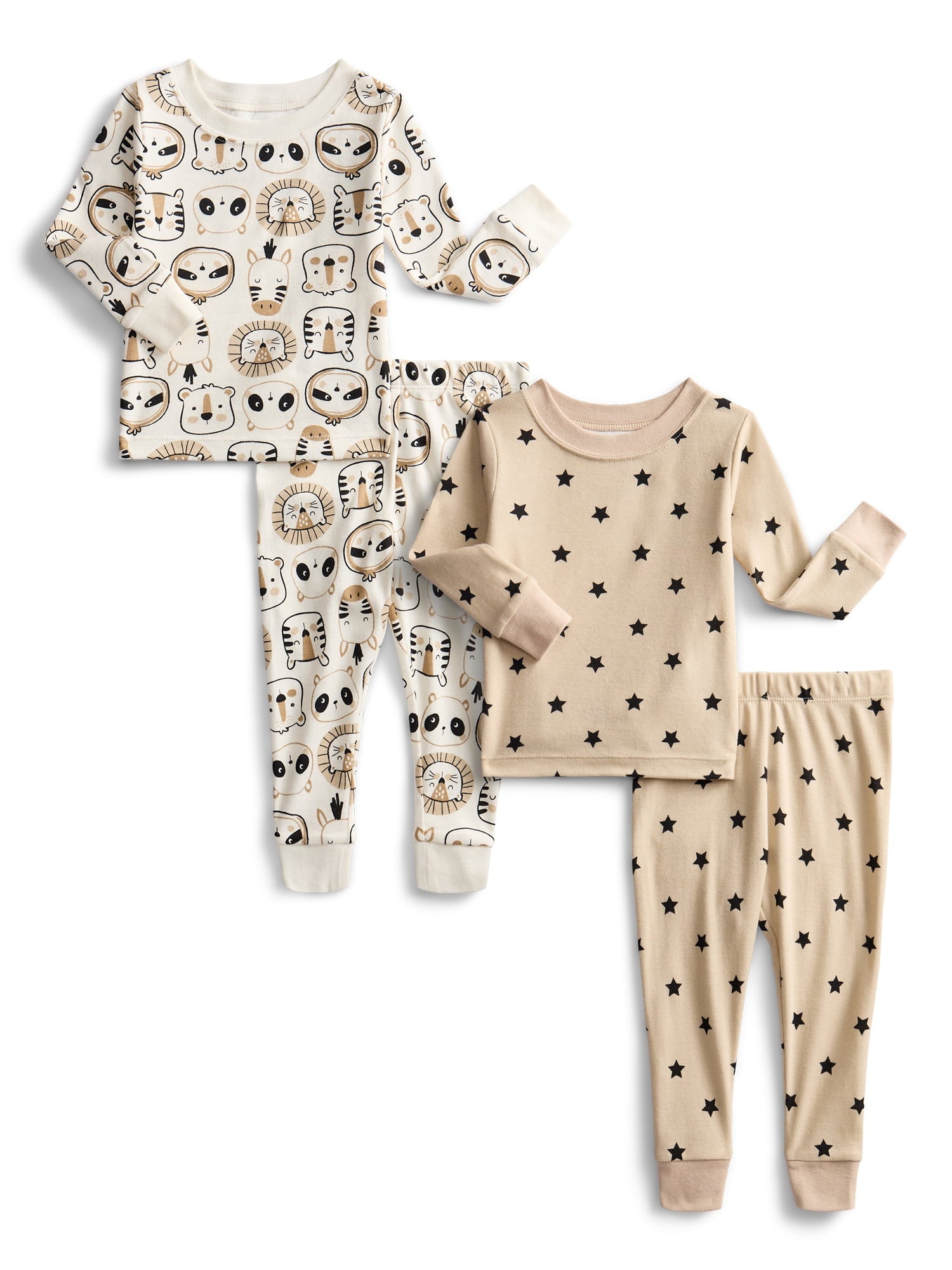 Wonder Nation Toddler Boys or Girls Cotton Snug Fit Long Sleeve Pajama Top and Pants Set, 4-Piece, Sizes 12M-5T