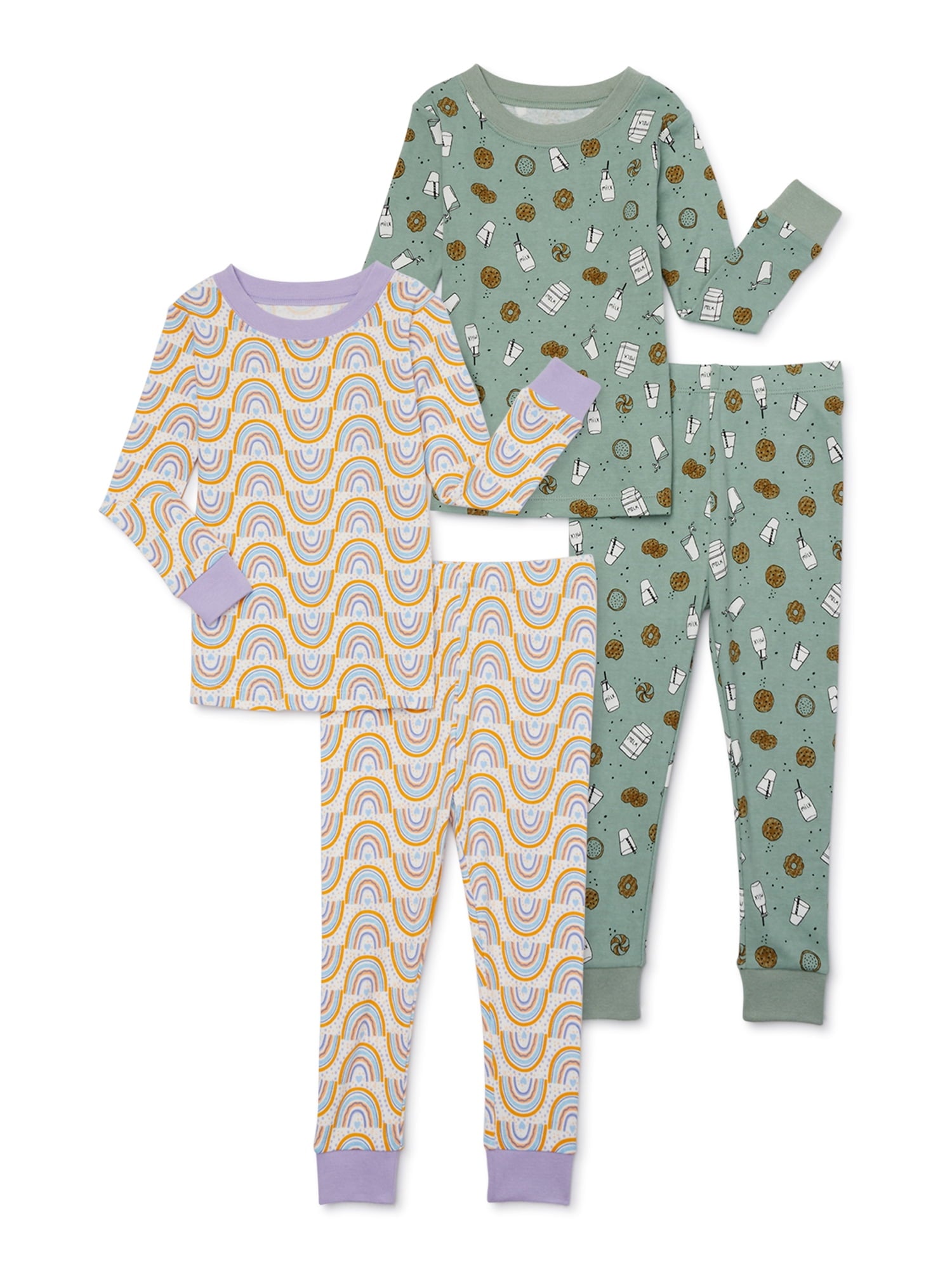 Wonder Nation Toddler Boys or Girls Cotton Snug Fit Long Sleeve Pajama Top and Pants Set, 4-Piece, Sizes 12M-5T