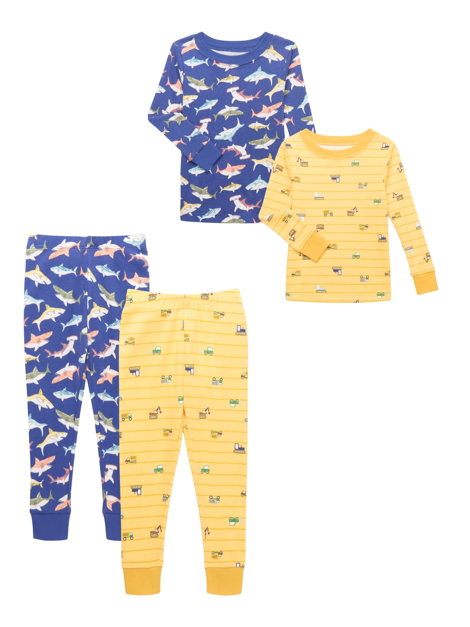 Wonder Nation Toddler Boys or Girls Cotton Snug Fit Long Sleeve Pajama Top and Pants Set, 4-Piece, Sizes 12M-5T