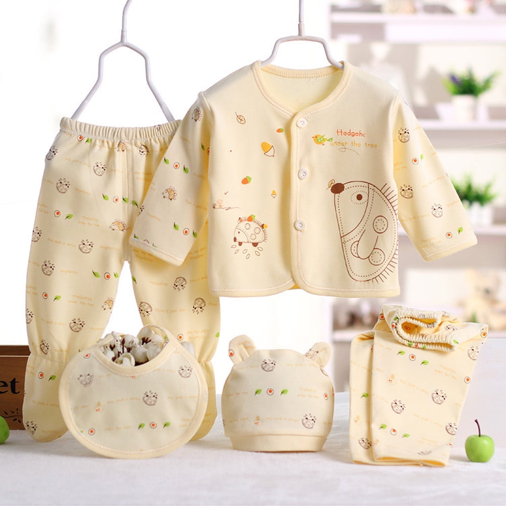 Fdrone 5PCS Baby Clothes Newborn Boys Girls Baby Layette Sets Soft Cotton Clothes Long Sleeve Tops Hat Pants Bib Suit Outfit Dolls Gift Set
