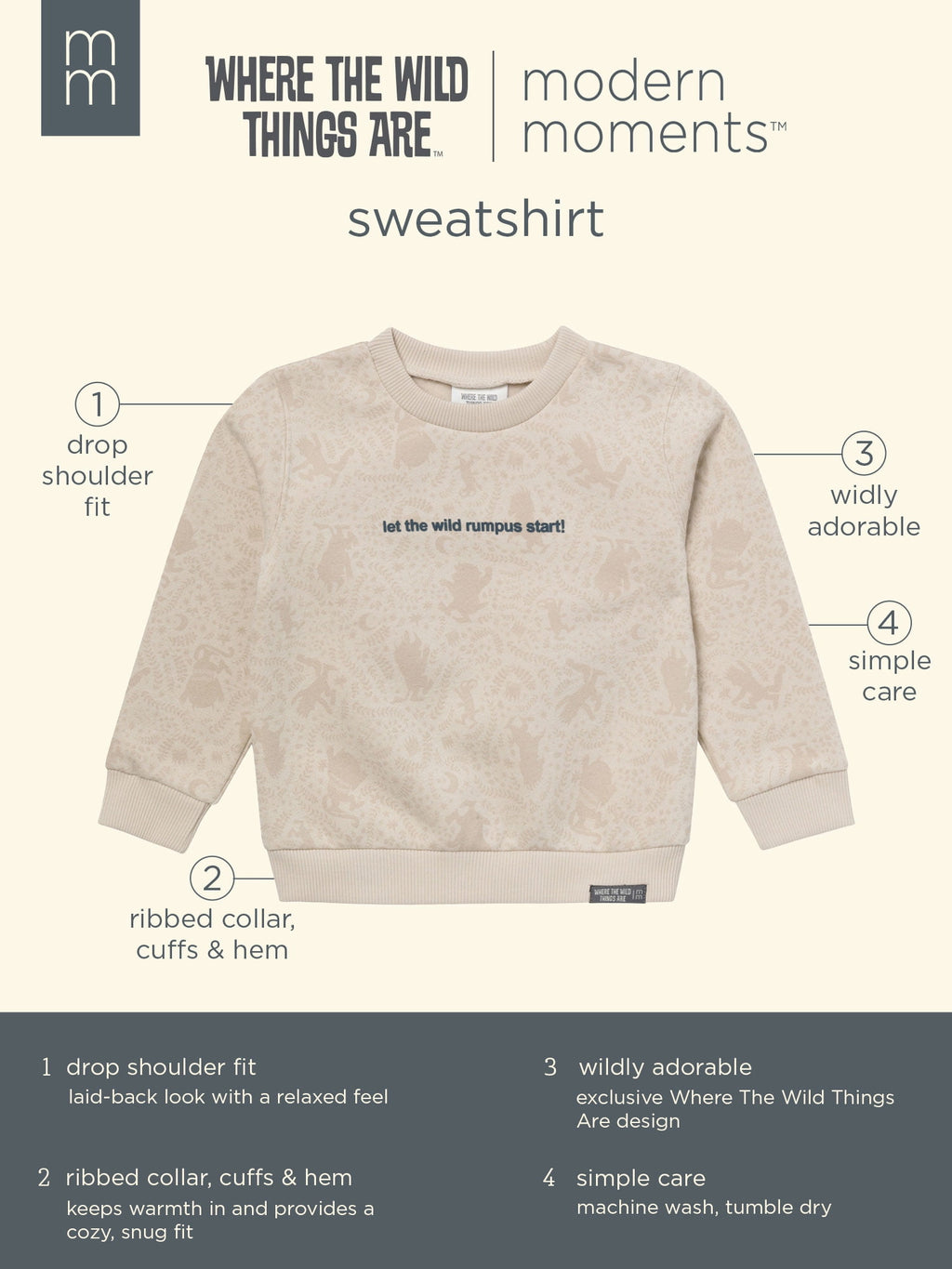 Modern Moments x Where the Wild Things Are Baby and Toddler Neutral Elevated Sweatshirt, Sizes 0/3 Months - 5T