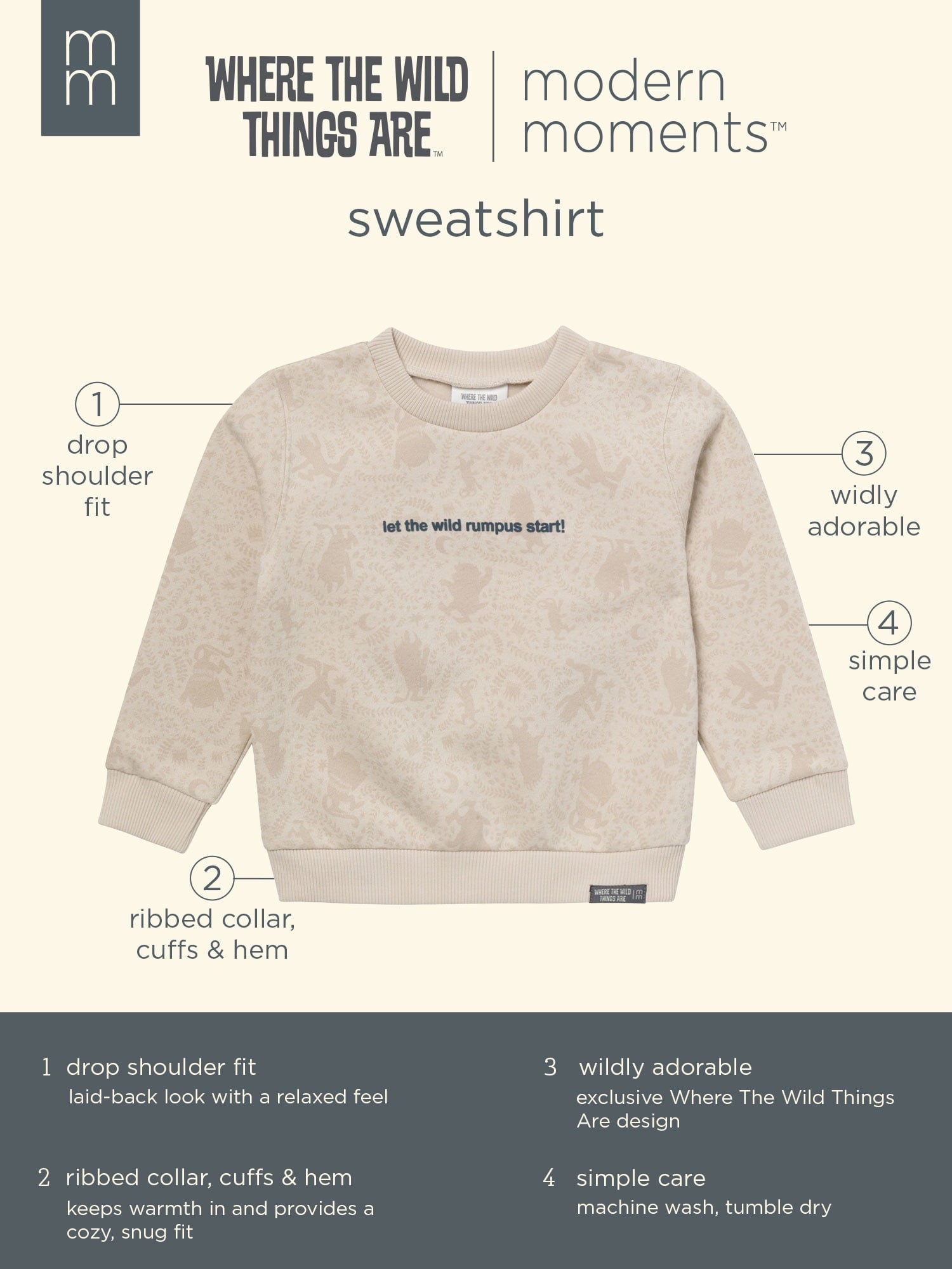 Modern Moments x Where the Wild Things Are Baby and Toddler Neutral Elevated Sweatshirt, Sizes 0/3 Months - 5T