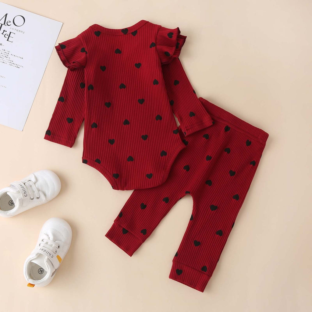 BLVB Newborn Baby Girl Clothes Ruffle Long Sleeve Romper Tops Pants Headband Infant Cute Heart Print Fall Outfits